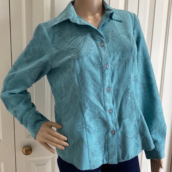 Lemon Grass Womens S Blue/Green Embossed Button Up Front Long Sleeve Shirt. - Picture 3 of 11